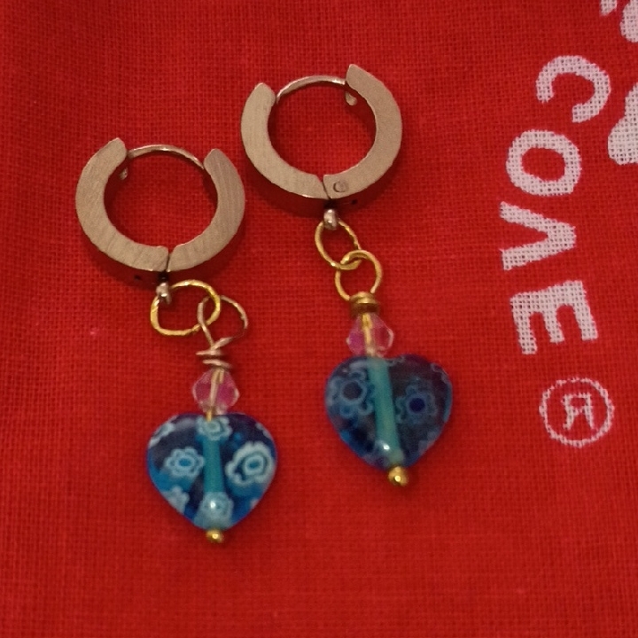 Blue Millefiori Heart Huggies Handmade